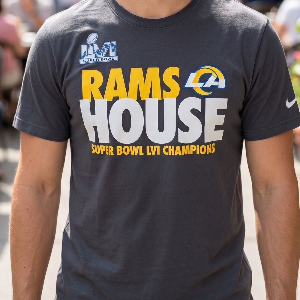 Nike Mens Los Angeles Rams Super Bowl LVI Champions Rams House Tee Charcoal Grey